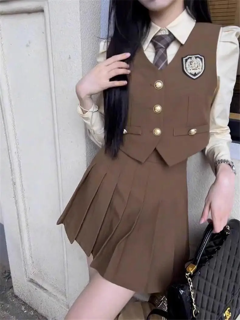 American College Style Three-Piece Set Spring JK Uniform British Style Suit Vest  Skirt Long Sleeve  Collar Buttoned ...