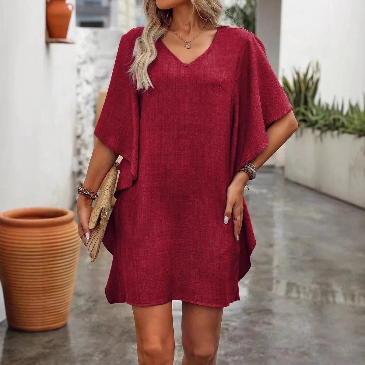 

Однотонные повседневные свободные короткие платья для женщин 2026: Модное летнее женское платье А-силуэта с оборками, элегантное винтажное женское платье