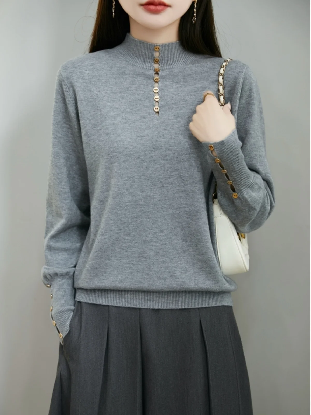 Spring 2026 Women's Ultra-Thin Silk Wool Knitted Base Shirt Half High Collar Thin Sweater Bead Embellished Knitwear Top