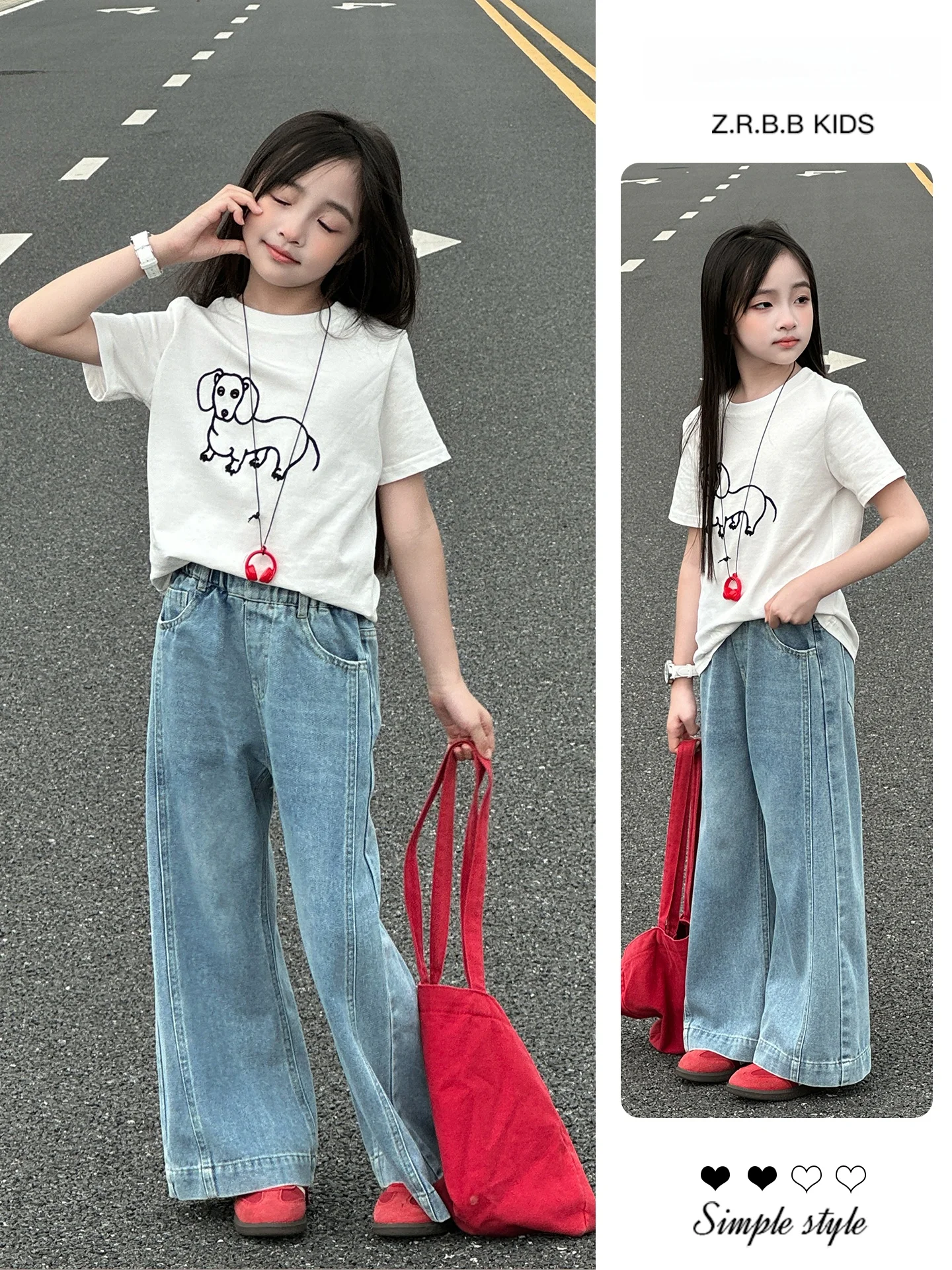 女の子の夏の美しいセット-薄手半袖tシャツとワイドレッグジーンズ-子供用韓国風コットン服-キッズ向け
