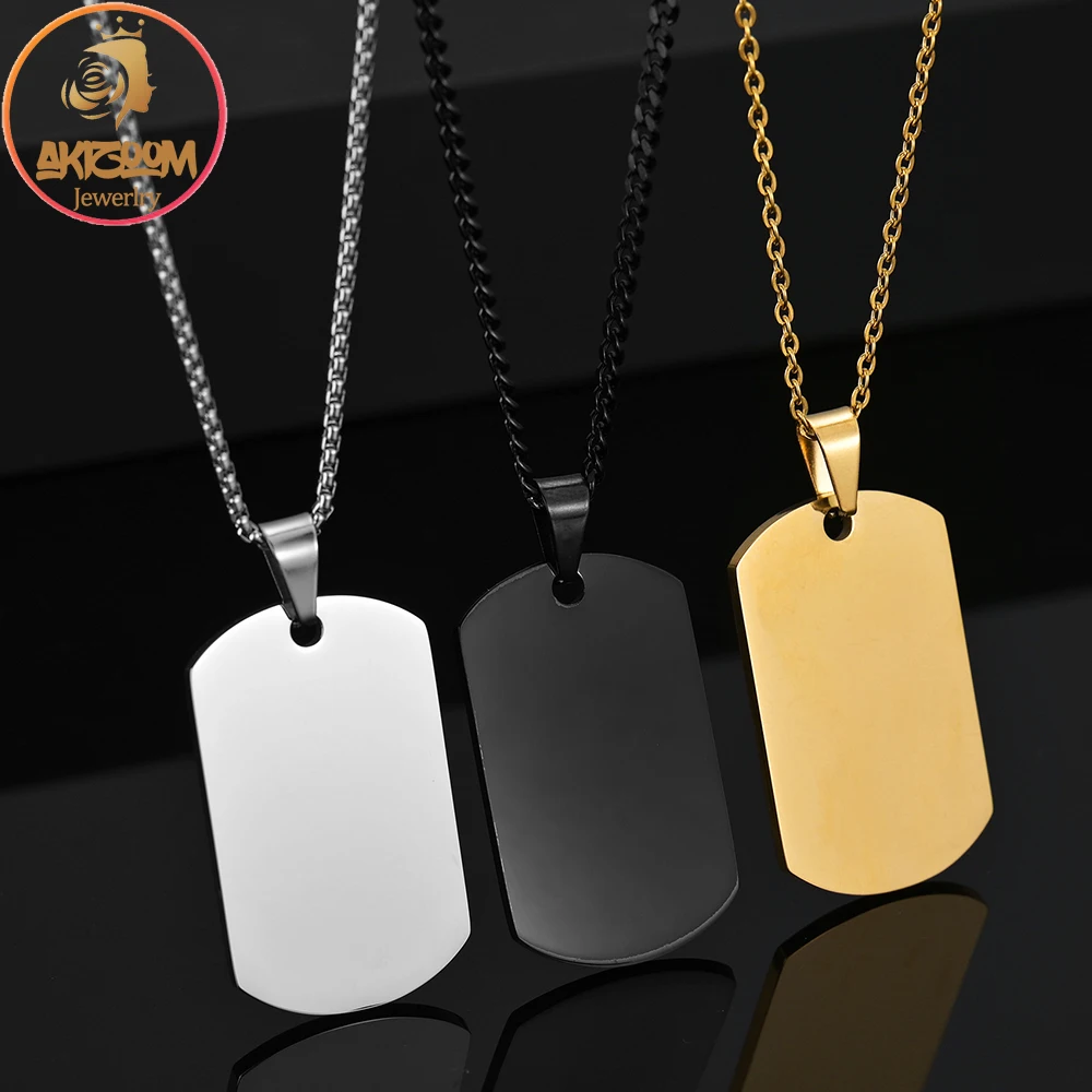 Akizoom High Polished Square Necklaces Hip Hop Stainless Steel Blank Bar Pendant Military Brand Tag For Men Women Jewelry Gift