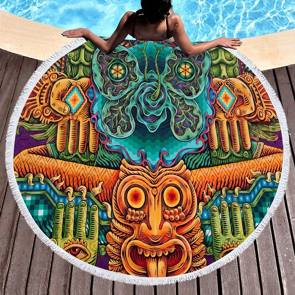 Round Beach Towel,Mexican Mayan Tribal Art Polyester Sand Resistant Beach Blanket,Soft Absorbent Quick Dry Pool Towel Picnic Mat