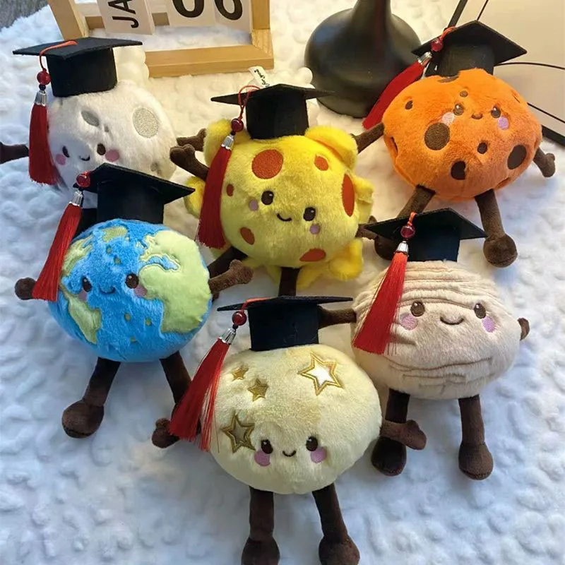 Cute Planet Plush Keychain Earth Sun Moon Mars Stuffed Toy with Graduation Cap Kawaii Space Bag Charm Pendant for Key Ring Gift