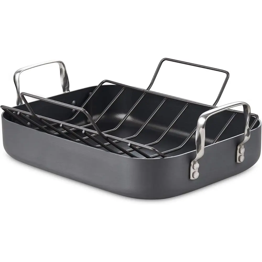 

Cooks Stand Turkey Roasting Pan with Rack, Hard Anodized Nonstick 16-Inch x 12-Inch Chicken Ham Roaster Pan Multi-Use Grill Pan