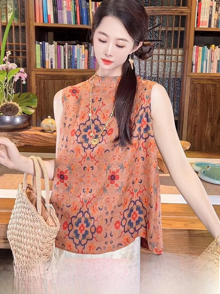 

Young Women's Style 100% Silk Xiangyun Shasha Younger Version Summer New Chinese Style Small Shirt with Pouch Design Casual Wear