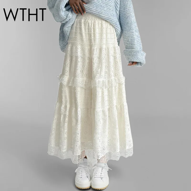 WTHT New Fashion Women's Hollow Out Design Long Lace Skirts 2025 Spring Trendy High Waist A-line Cake Skirt Female 1LS837