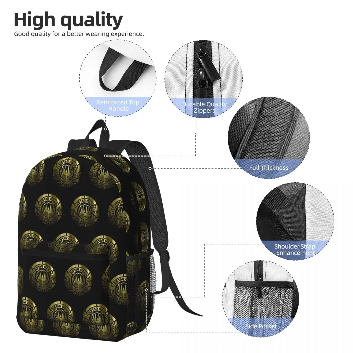 Battlestar Galactica Crest (Metal) Backpack Student BookBag Children School Bag Laptop Shoulder Bags for Men Women