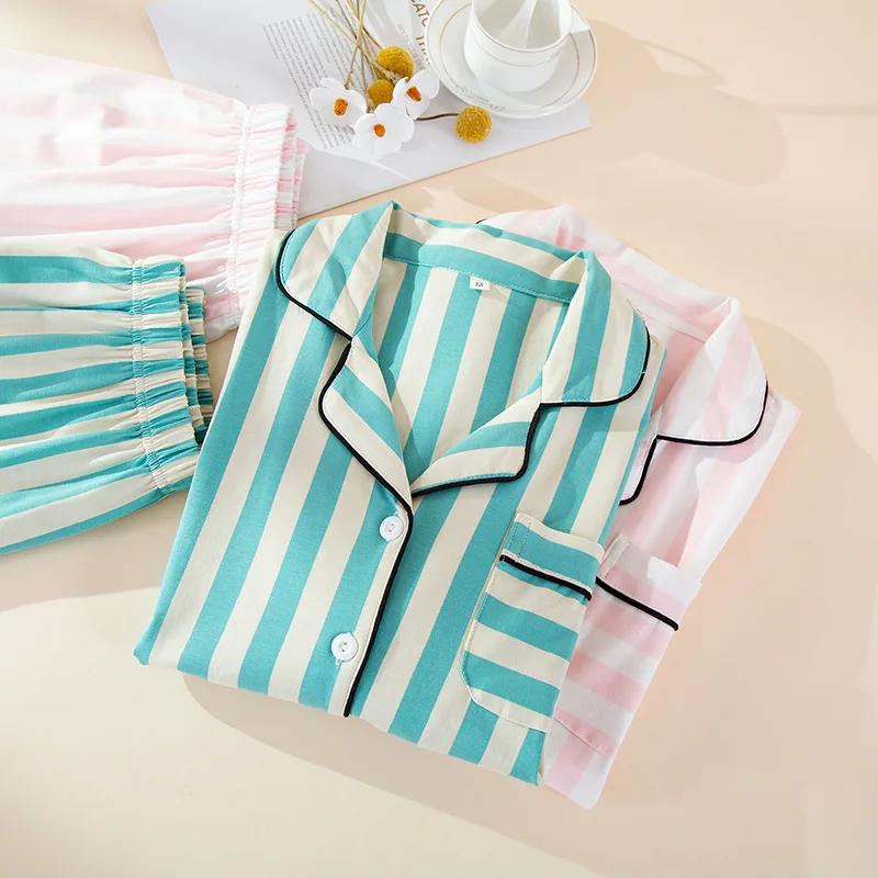 New Women's Vertical Striped Lapel Long Sleeve Cotton Pajamas Sets 2PCS Breathable Sweat Absorbing Warm Soft Home Wear Sleepwear