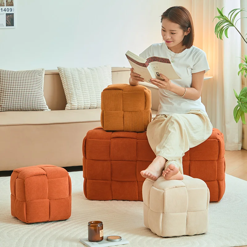 Low stool Home sofa Fabric small square stool Children's bench Solid wood shoe changing stool Internet celebrity creative view 5