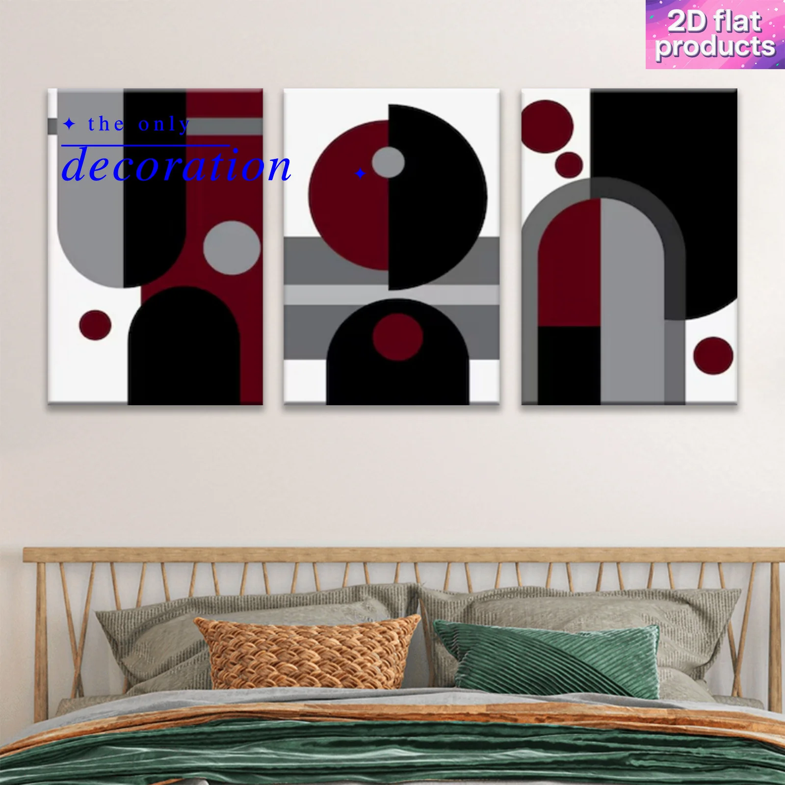 2D Flat, 3pcs Modern Abstract Wall Art Set - Black White Burgundy Gray Beige Brown Geometric Canvas Posters in Wrapped Wood F