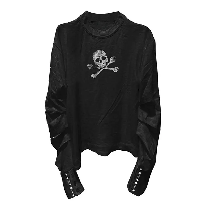 Vintage Vintage Skull Print Women's Long-Sleeved T-Shirt with Button Decoration Round Neck Cinched Waist gothic punk Casual Top