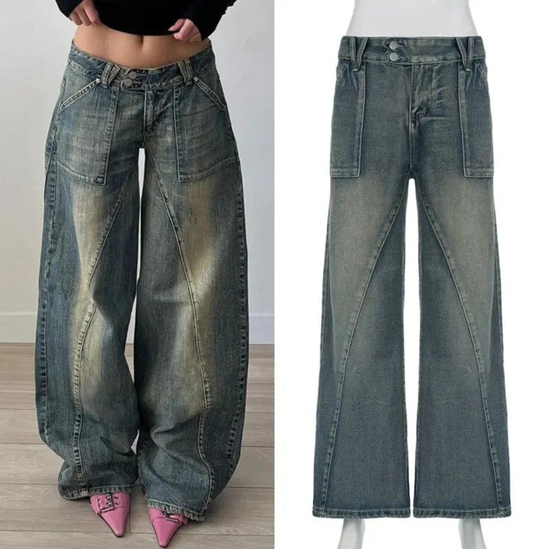 Denim Irregular Jeans America Sexy Cotton Distressed Split Line Pants Girl Retro Casual Low Waist Loose Versatile Wide Leg Pants