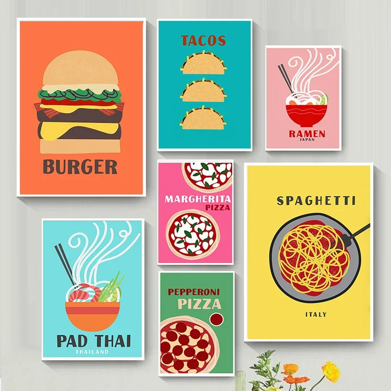1 pieza de impresión artística decorativa sin marco, minimalista, moderna, Pop Art, divertida, con motivos de comida, pizza, tacos, fideos Lamian, póster artístico impreso en lienzo
