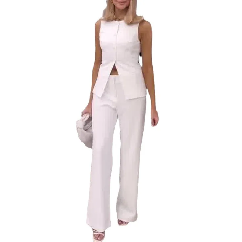 Loungewear Women Summer 2 Piece Outfits Button Down Sleeveless Blazer Vest Wide Leg Pant Lounge Sets Casual Business Suits