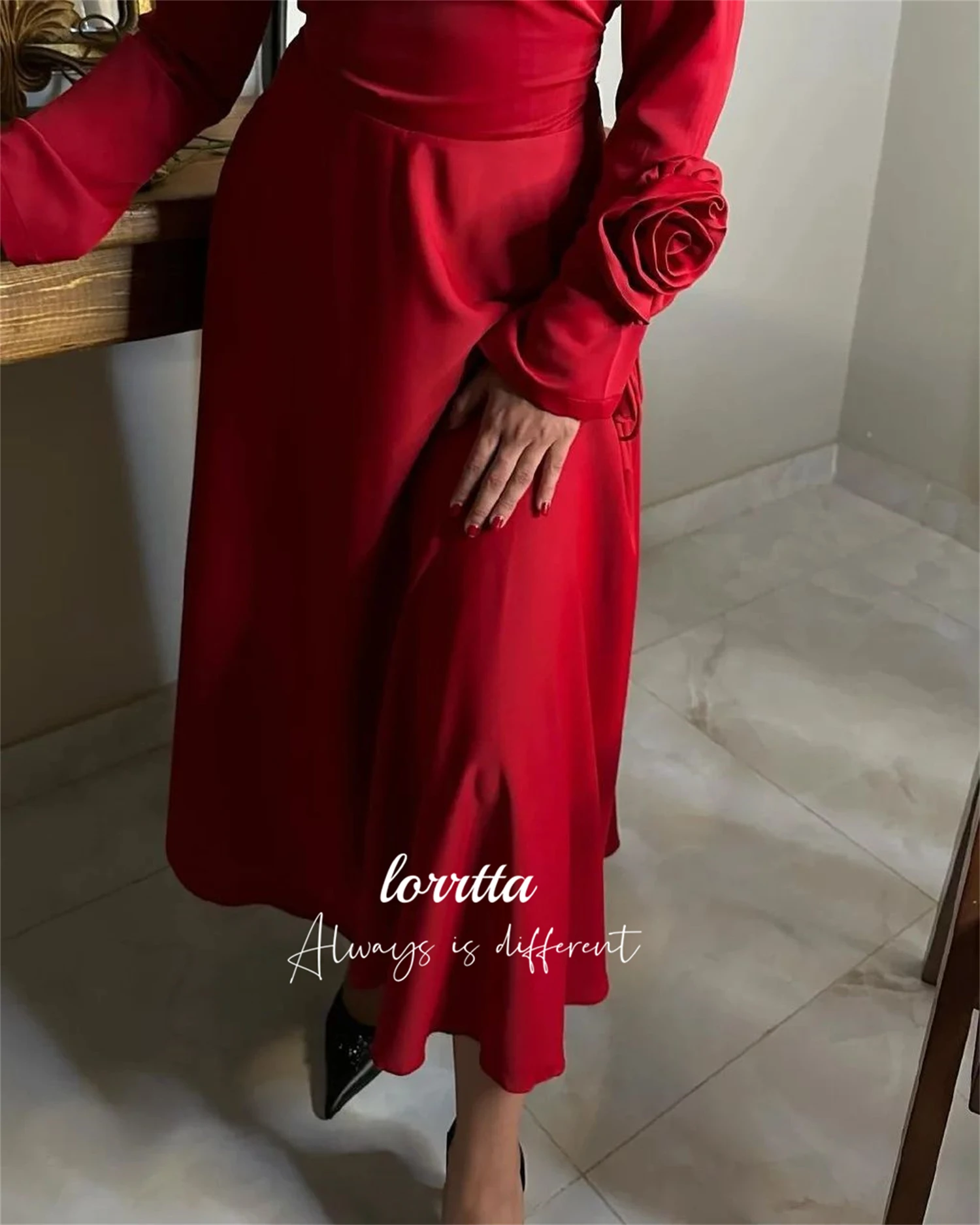 Lorrtta Medium Length Deep Red Long Sleeves V-neck Evening Dress Elegant Party Dresses Woman Prom Wedding Customized 2024 Gown