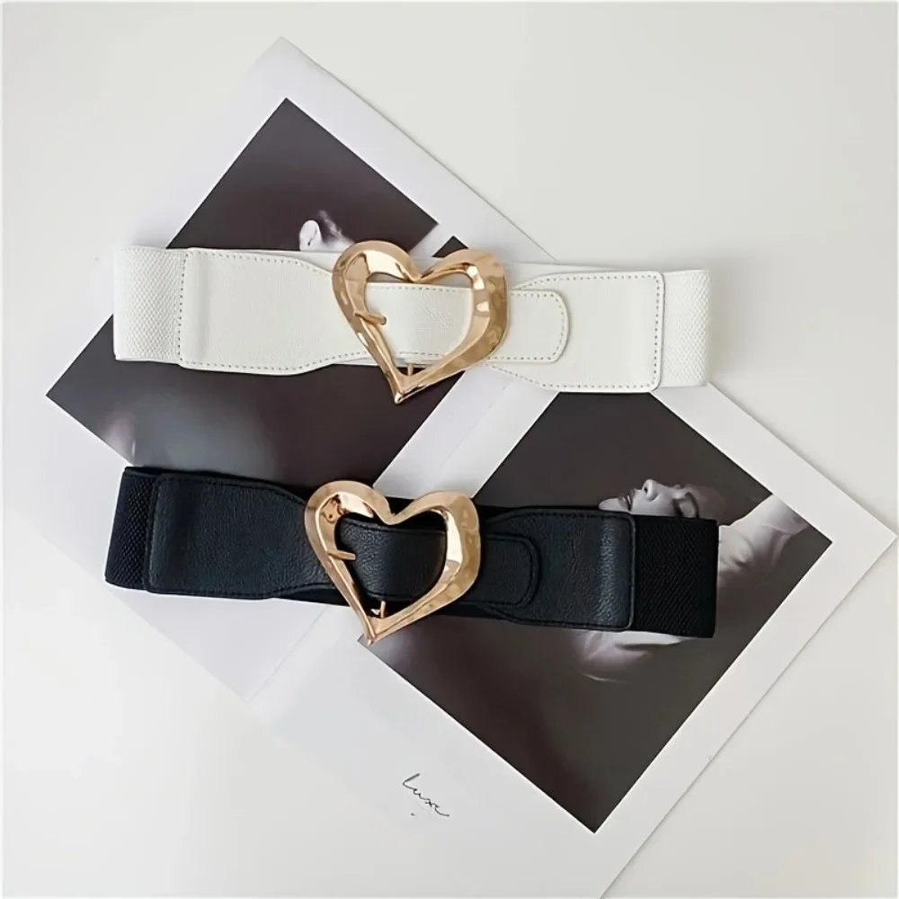 Cinturones anchos con hebilla de Corazón dorado para mujer, pretina elástica de Color sólido a la moda, abrigo clásico, cinturón de vestir