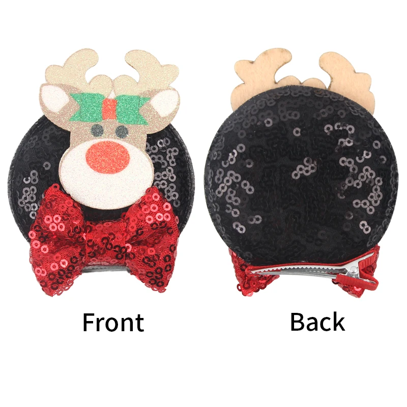 새로운 디즈니 미키 크리스마스 마우스 귀 헤어 클립 소녀를위한 반짝이 활 머리핀 어린이 축제 파티 DIY 헤어 액세서리