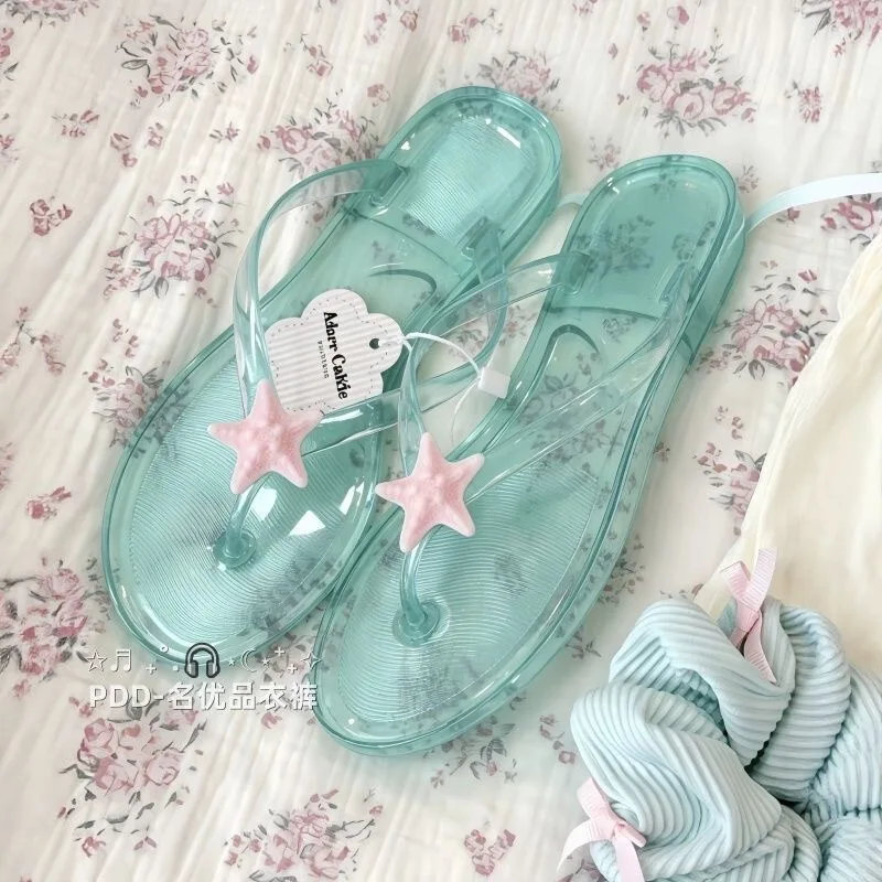 New Ins Mint Green Starfish Summer Flip Flops Sweet Korean Transparent Slippers Outdoor Seaside Travel Daily Slippers image 3