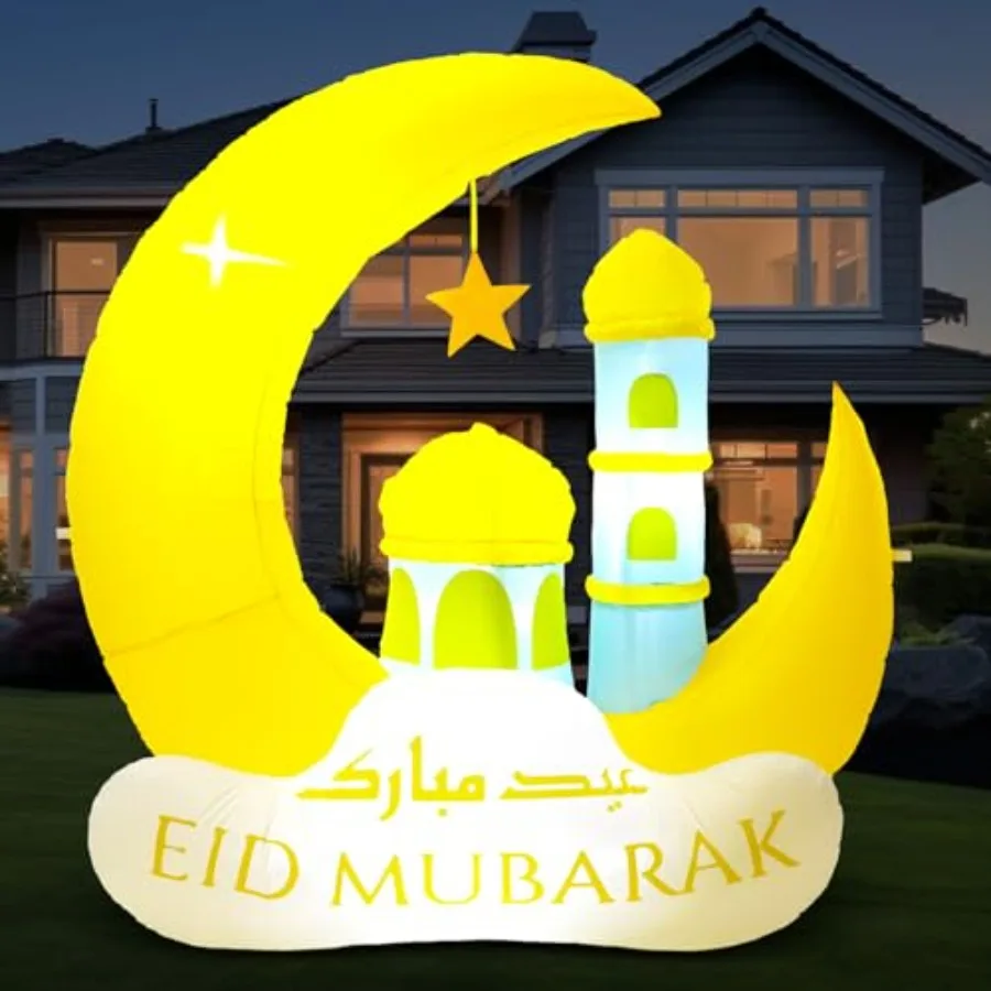 

Outdoor Ramadan inflatable decor with LED lights: moon-and-star castle in white and gold, for yard celebrations of fasting, int