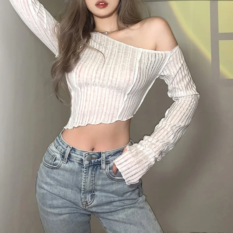 New Women's Sexy Off-the-shoulder Crop Tops Solid Color Oblique Collar Pleated Perspective Long Sleeve T-shirt Fashion Y2K Tops