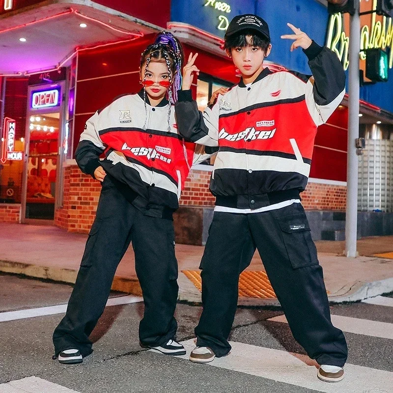 Kid Kpop Hip Hop Clothing Motocycle Baseball Coat Racing Jacket Black Cargo Pants for Girl Boy Jazz Dance Costume Clothes Wear