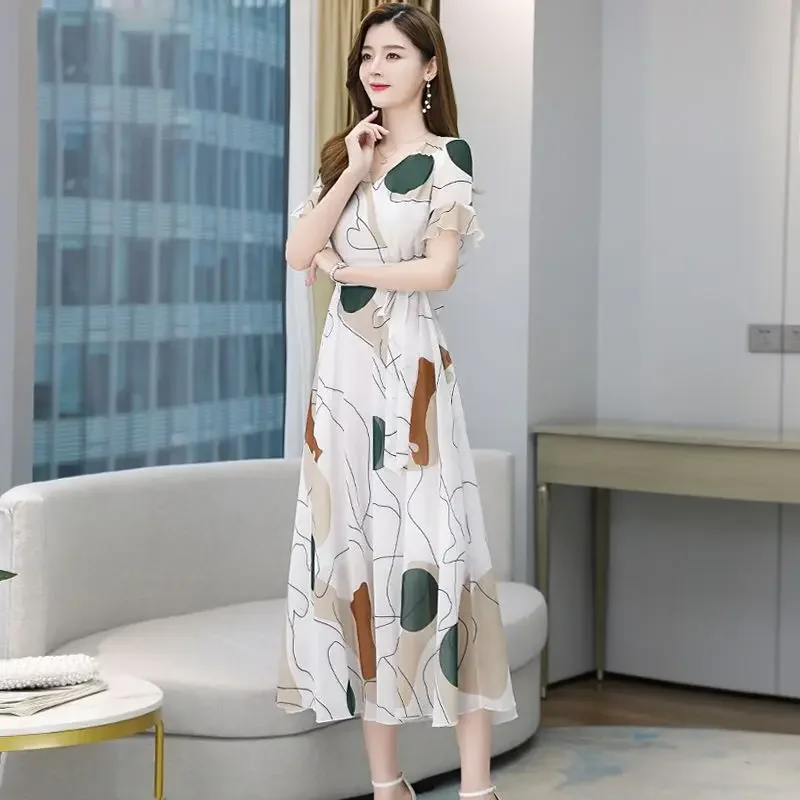 새틴 플라워 쉬폰 화이트 여성 드레스 붕대 미디 드레스 여성용 플로럴 실크 반팔 Y2k 우아한 파티 트렌디 비치