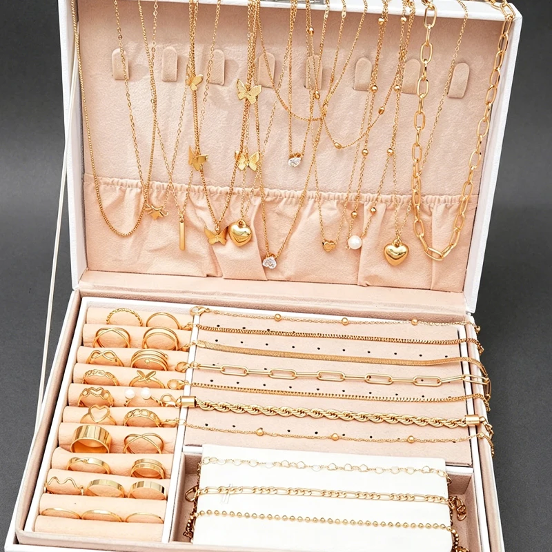 Juego de 40 Piezas de Joyería Elegante para Mujer, Anillo Geométrico con Perlas, Collar de Zirconia con Corazón Multicapa, Pulsera Sencilla, 3 en 1, Sin Caja