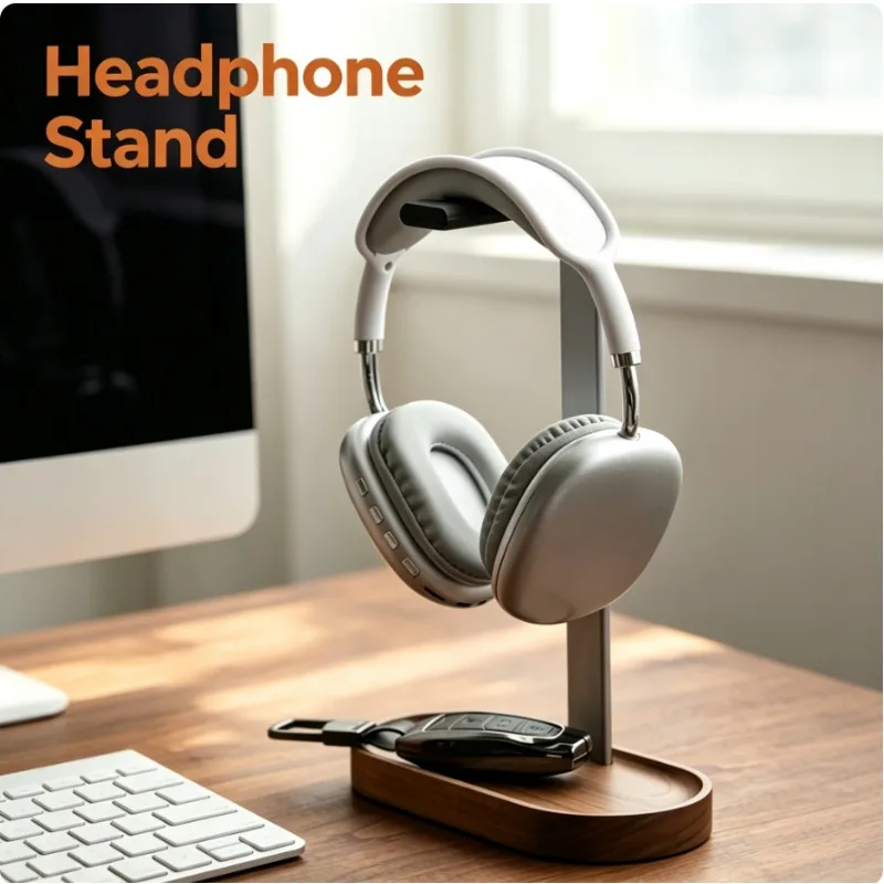 Wooden Aluminum Headphone Stand with Storage Tray, Gaming Headphone Desktop Headphone Stand, Desktop Storage Accessory