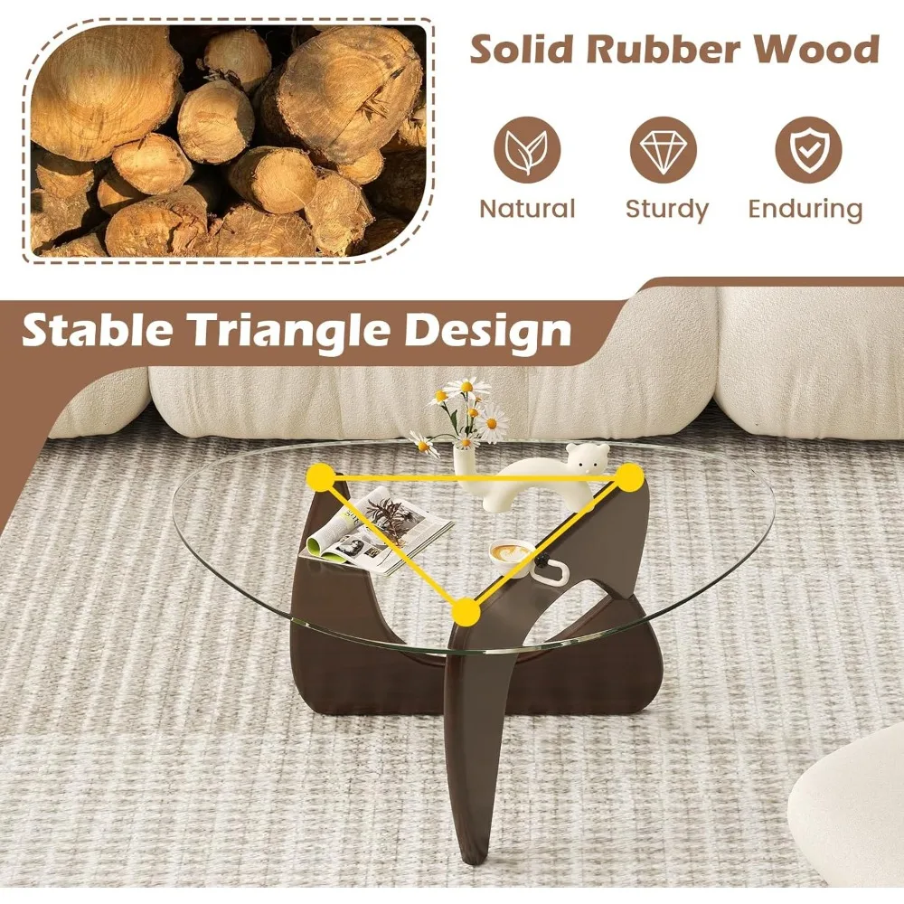 Triangle Glass Coffee Table, Mid-Century Modern Center Table With Tempered Glass Top & Adjustable Rubber Wood Base, Sma