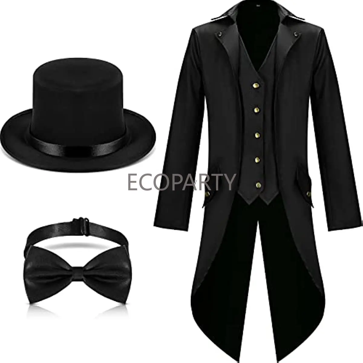 Mannen Volwassen Steampunk Vintage Tailcoat Jas Kostuums, Zwart Middeleeuwse Gothic Vintage Tailcoat En Zwarte Hoed Vlinderdas Halloween