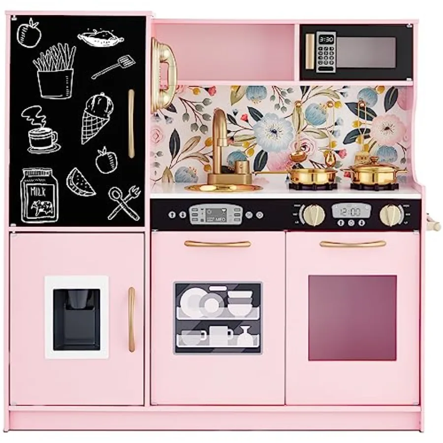 

Pretend Play Kitchen Wooden Toy Set for:Pink Floral, Realistic Design with Telephone, Utensils, Oven, Microwave, Sink