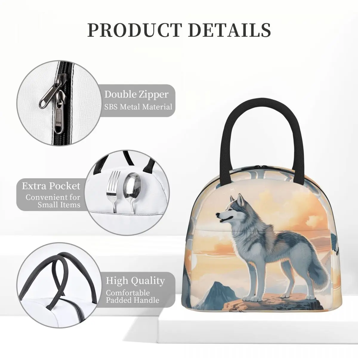 Borsa per il pranzo Siberian Husky In The Mountains Borsa per il pranzo isolata Bento Box Borsa per il pranzo impermeabile Borsa termica per donna Ufficio per bambini