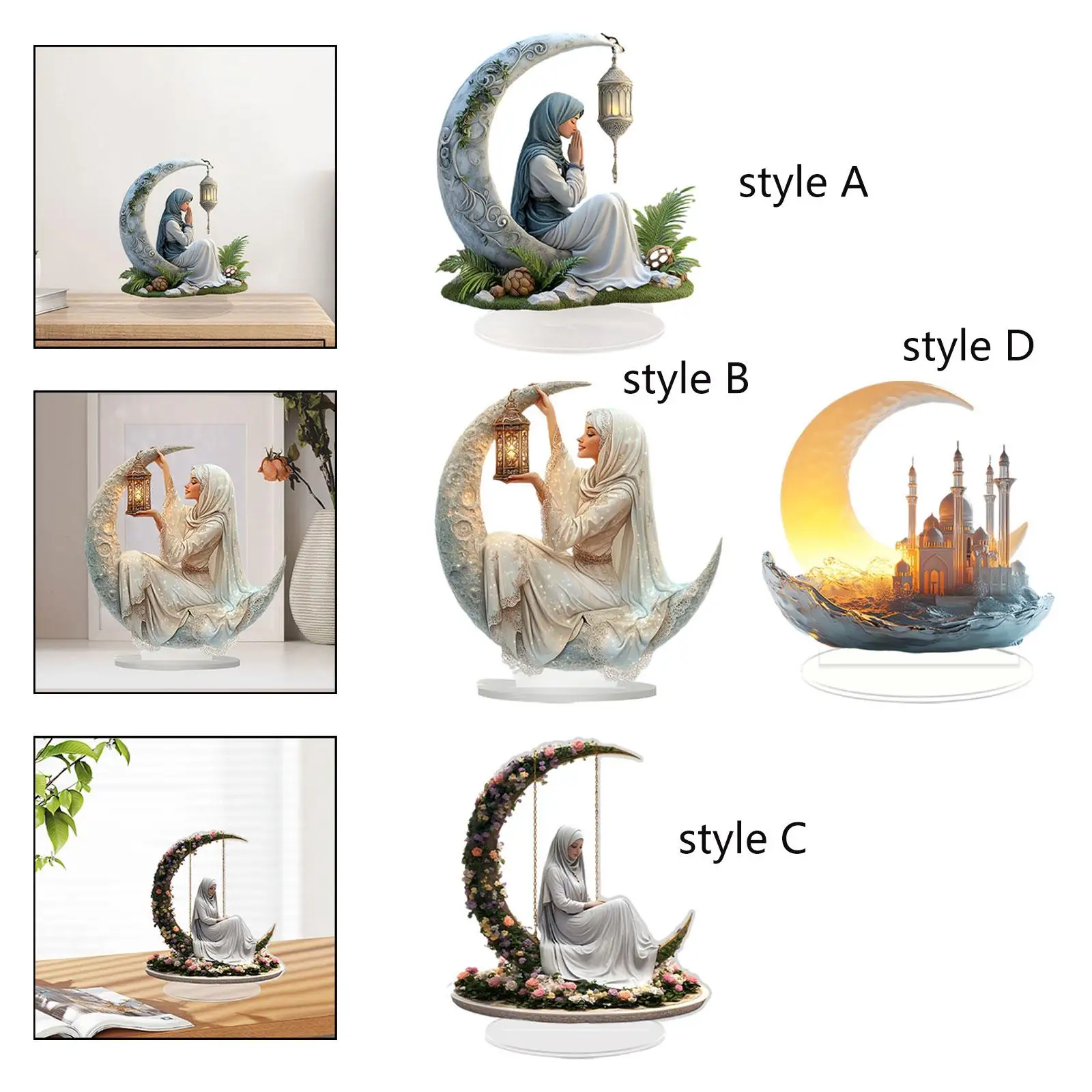 2D Flat Acrylic Moon Desk Ornament Acrylic Novelty with Base Display Artwork for Cafe Gift Spring Festival Drawing Room Dorm