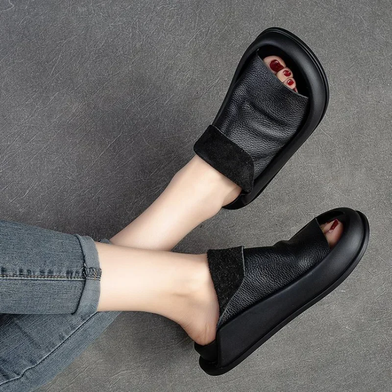 Cool Slippers for Women Summer 2023, New Vintage Soft Pu Leather Solid Color Half Trailer Casual Platform Slip on Slides Sandals