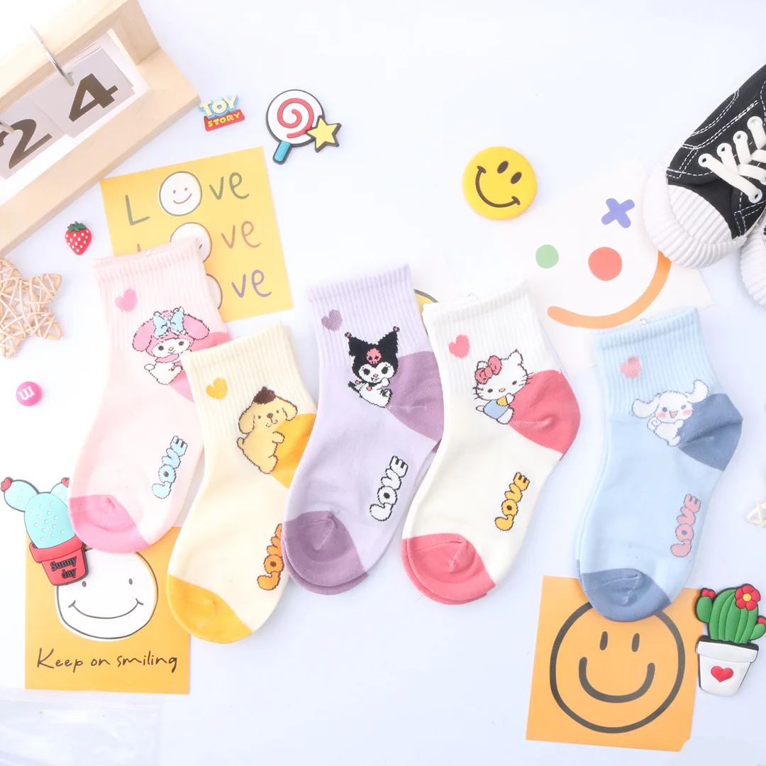 

5pcs Candy color Print Socks, Comfy & Soft girls Socks, kids Stockings cotton cartoon sock