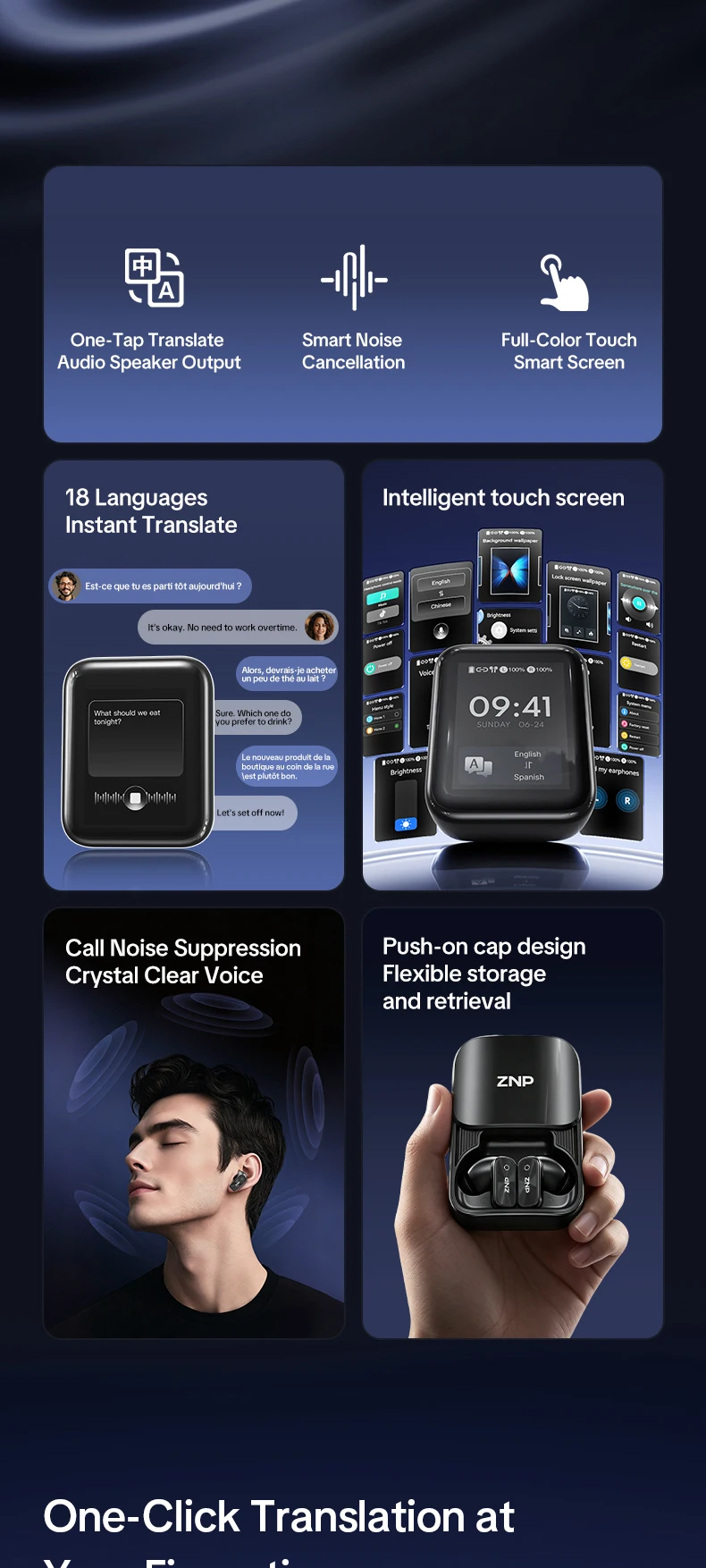 ZNP N07 AI-Übersetzungs-Wireless-Ohrhörer mit Smart-Touch-Screen, LED-Energieanzeige, In-Ear-Kopfhörer, lange Akkulaufzeit, kabellose Kopfhörer – Detail 2
