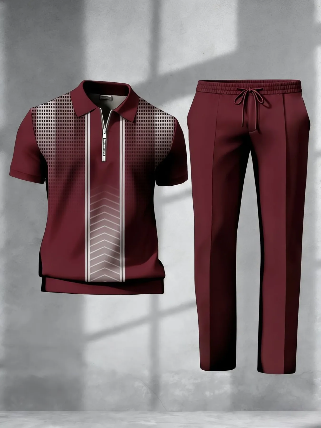 Only one top, pants not included-Men's half zip polo shirt,3D grid arrow stripe print,business casual short sleeve tops
