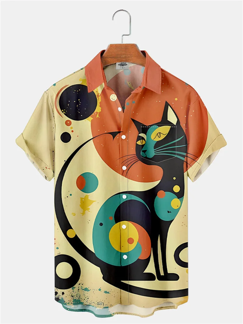 

Hot selling minimalist 3D printed fashionable cat illustration art hot selling 2024 Hawaiian shirt men's button up shirt