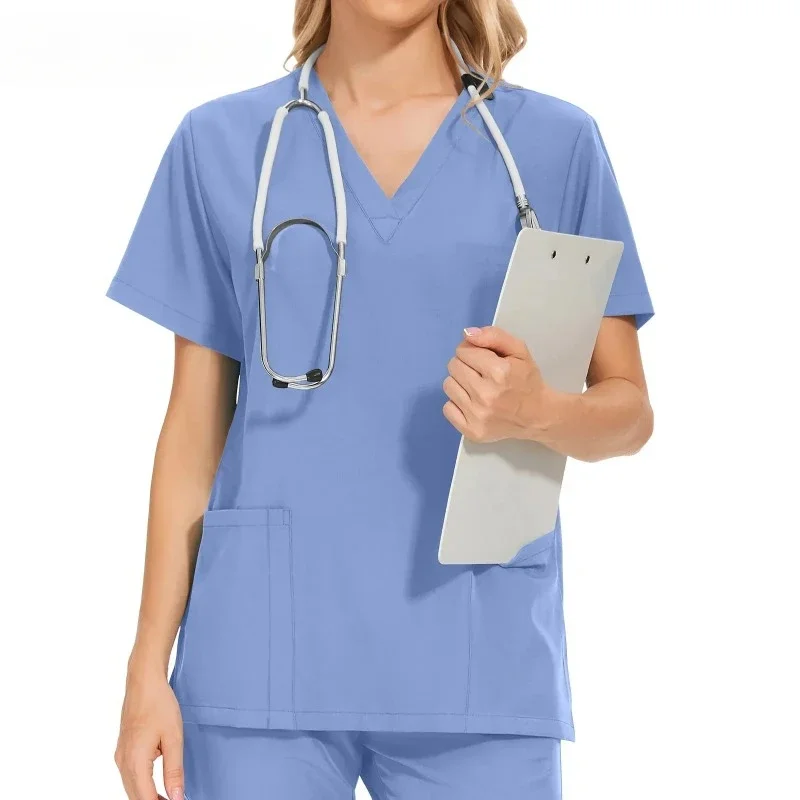 

Workwear Nursing Women Scrubs Elastic Band Pants Working Uniform Women Short Sleeve Neck Tops Dental Hospital Scrubs Suits