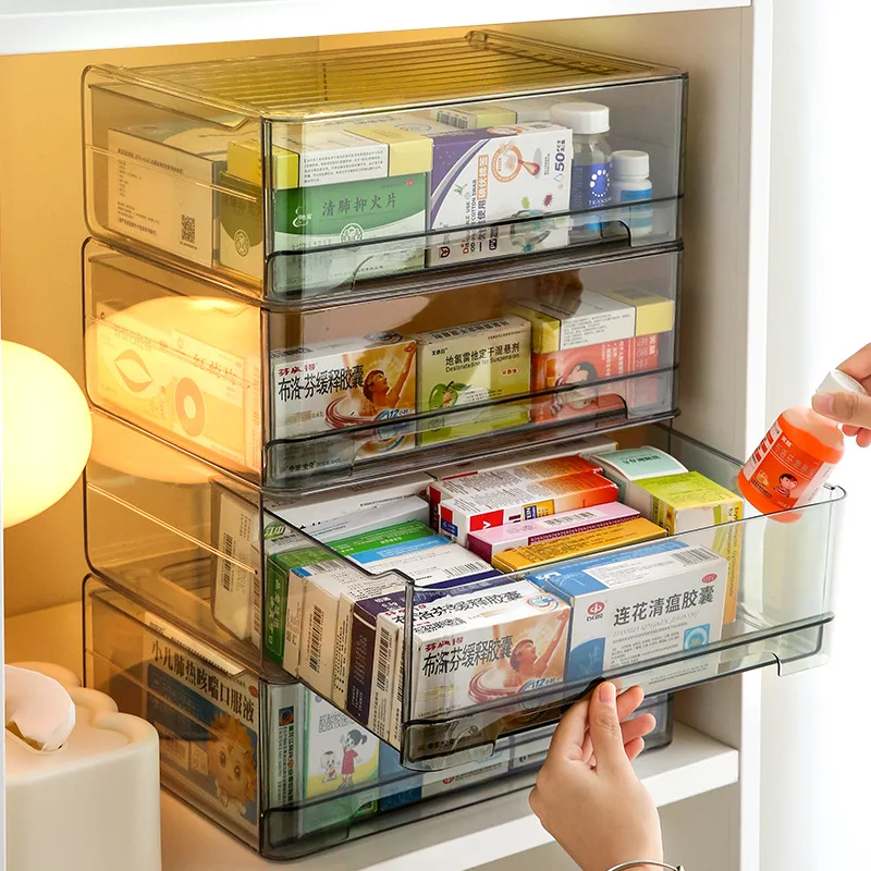 Transparente Medizinbox mit großer Kapazität, Schubladen-Aufbewahrungsbox, Medikamenten-Aufbewahrungsschrank, stapelbares Aufbewahrungsregal für den Haushalt