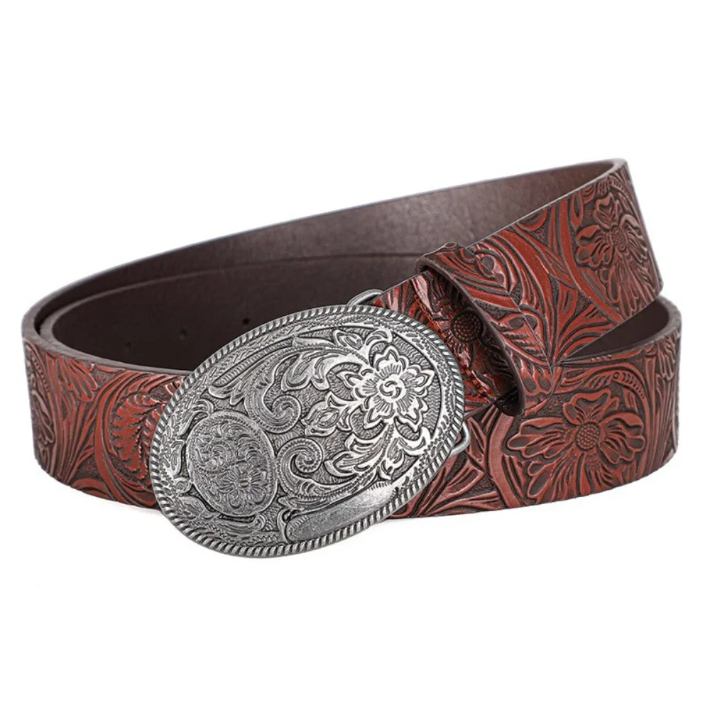 

Luxury PU Leather Western Cowboy Belt Retro Vintage Waistband Punk Rock Y2K Carved Buckle Embossed Belt For Man Women