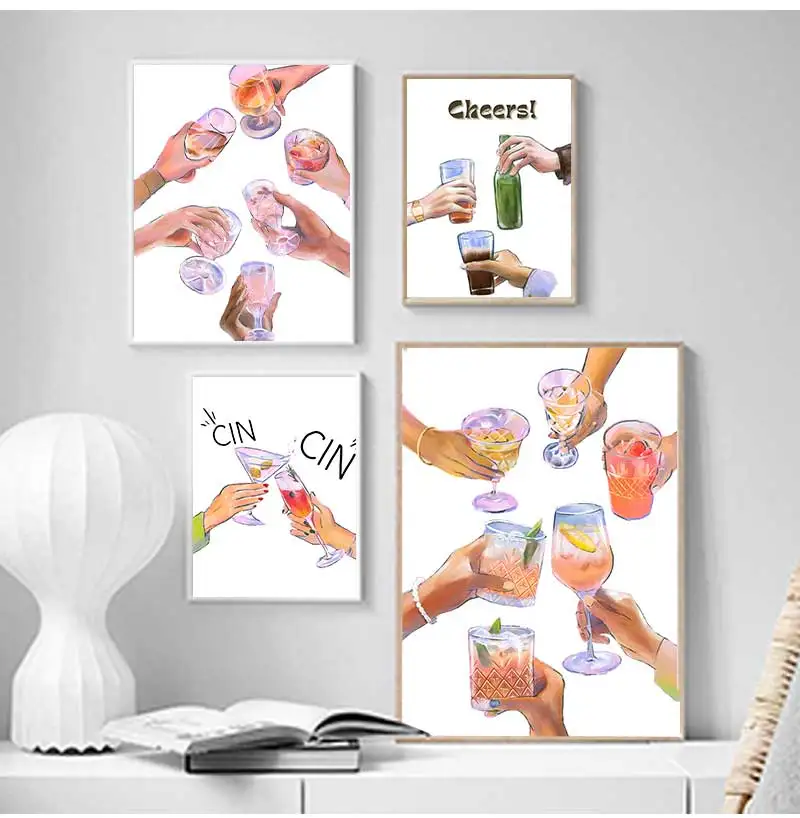 Retro Drinks Poster Cheers Print  Wine Drink Canvas Painting Trendy Wall Art for Bar Cart Kitchen Dinner Room Home Decor Mural