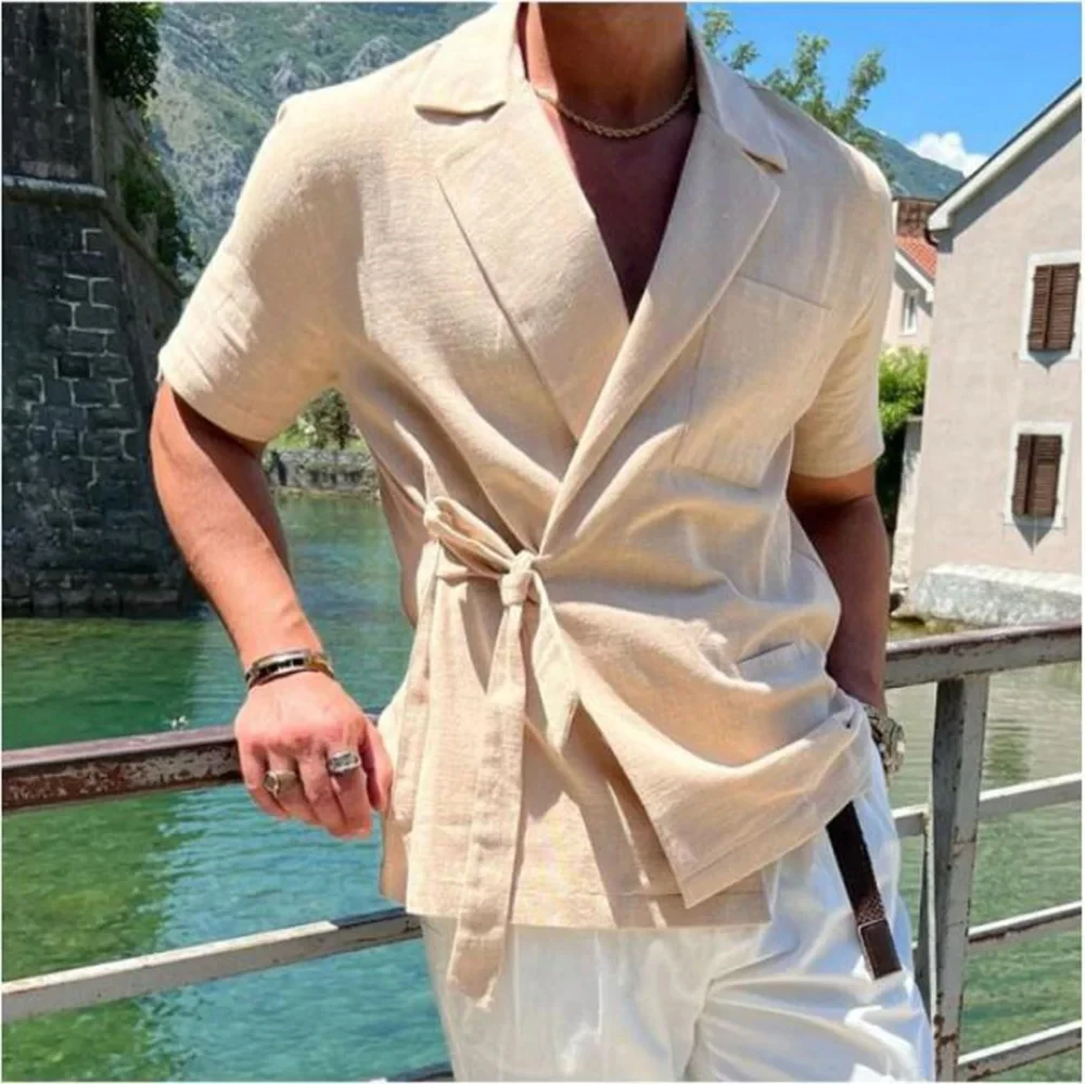 Short Sleeve Linen Jackets for Men Summer Suit Coat Apricot With Belt Slim Fit Lightweight Wedding Prom Groom Wear Blazer Dress