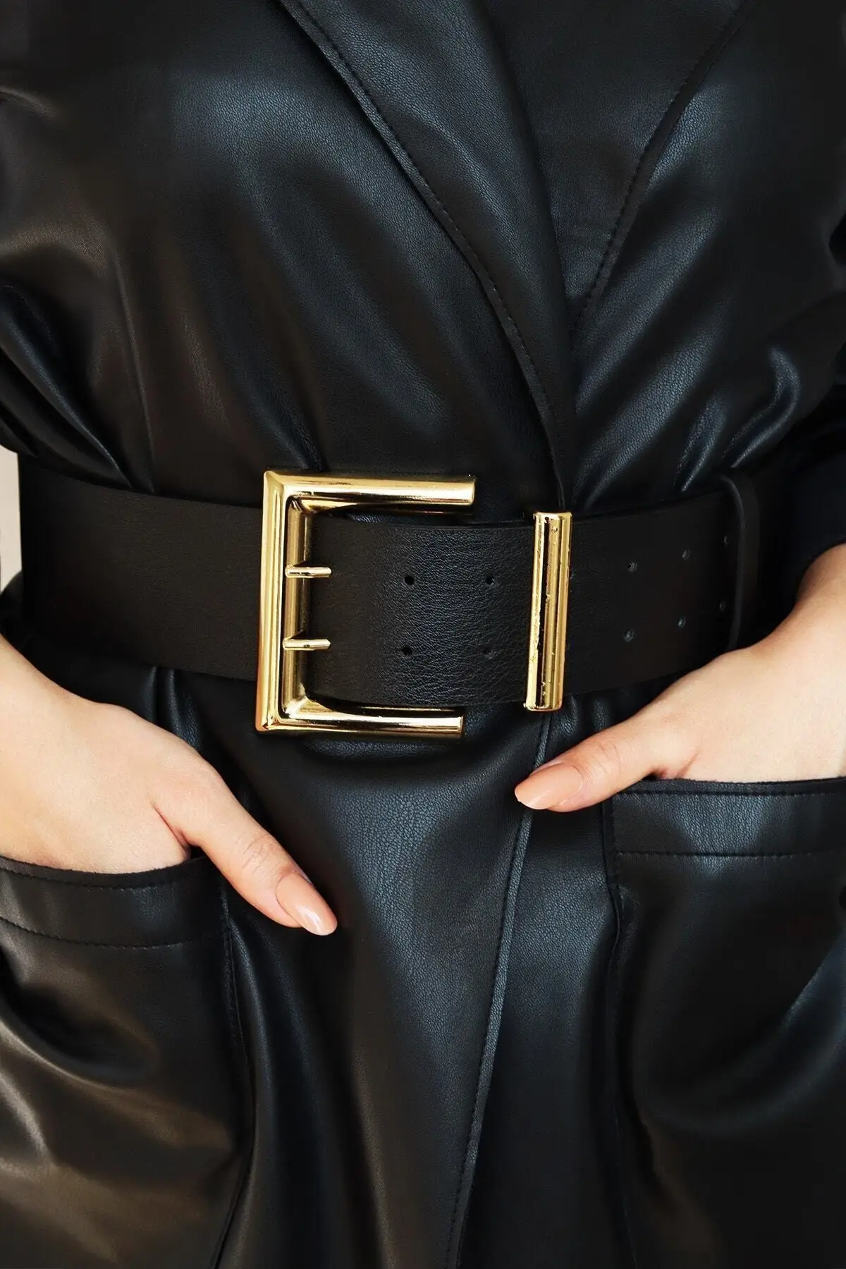 Women's Gold Buckle Double Row Black Belt