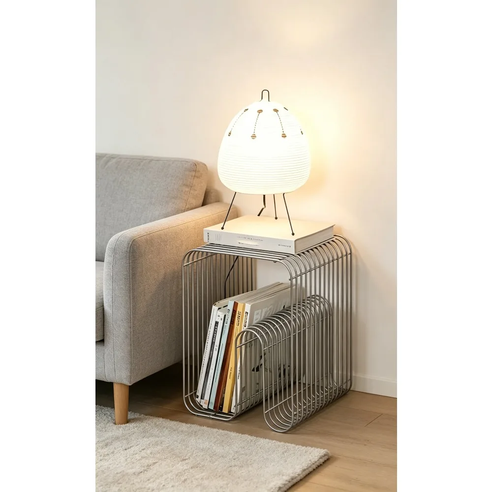 Modern Wireframe End Table, Compact Metal Storage Organizer, Sofa Side Table with Book Storage for Home Bedroom Living Room