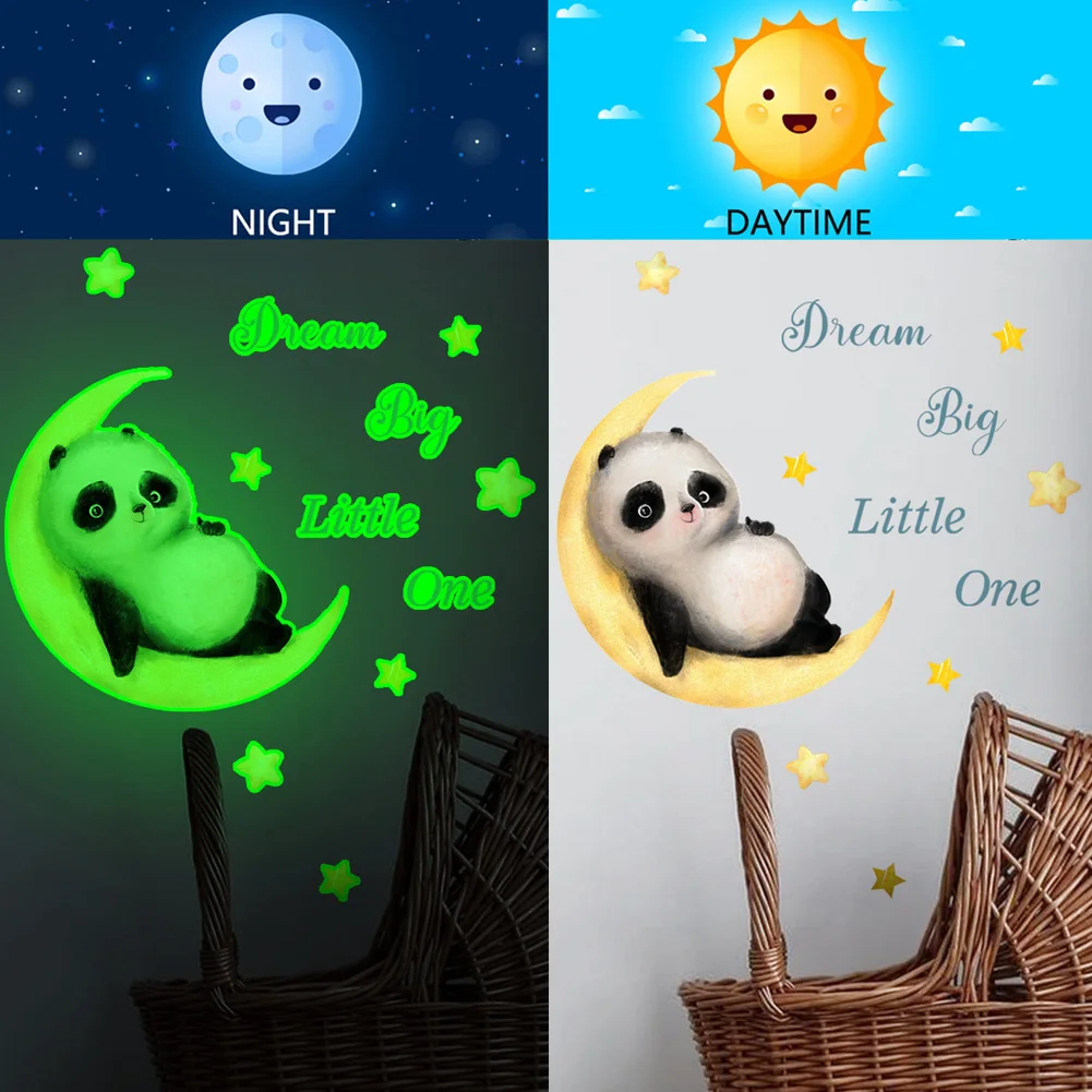 Luminous Cartoon Panda Moon Wall Sticker Kids Room Decor Glow In The Dark Decals Bedroom Home Decoration Self-adhesive Wallpaper