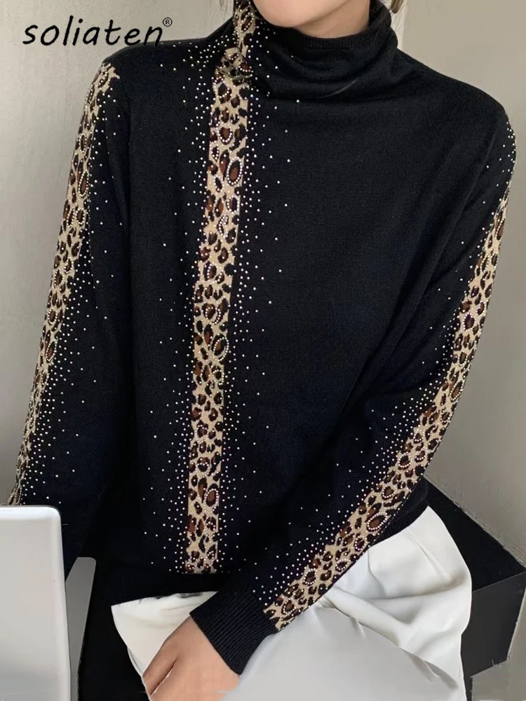 Rhinestones Leopard Turtleneck Sweaters Autumn Winter Wool Blend Bottoming Tops Long Sleeve Slim Female\'s Clothing B-011