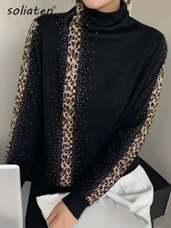 Rhinestones Leopard Turtleneck Sweaters Autumn Winter Wool Blend Bottoming Tops Long Sleeve Slim Female's Clothing B-011