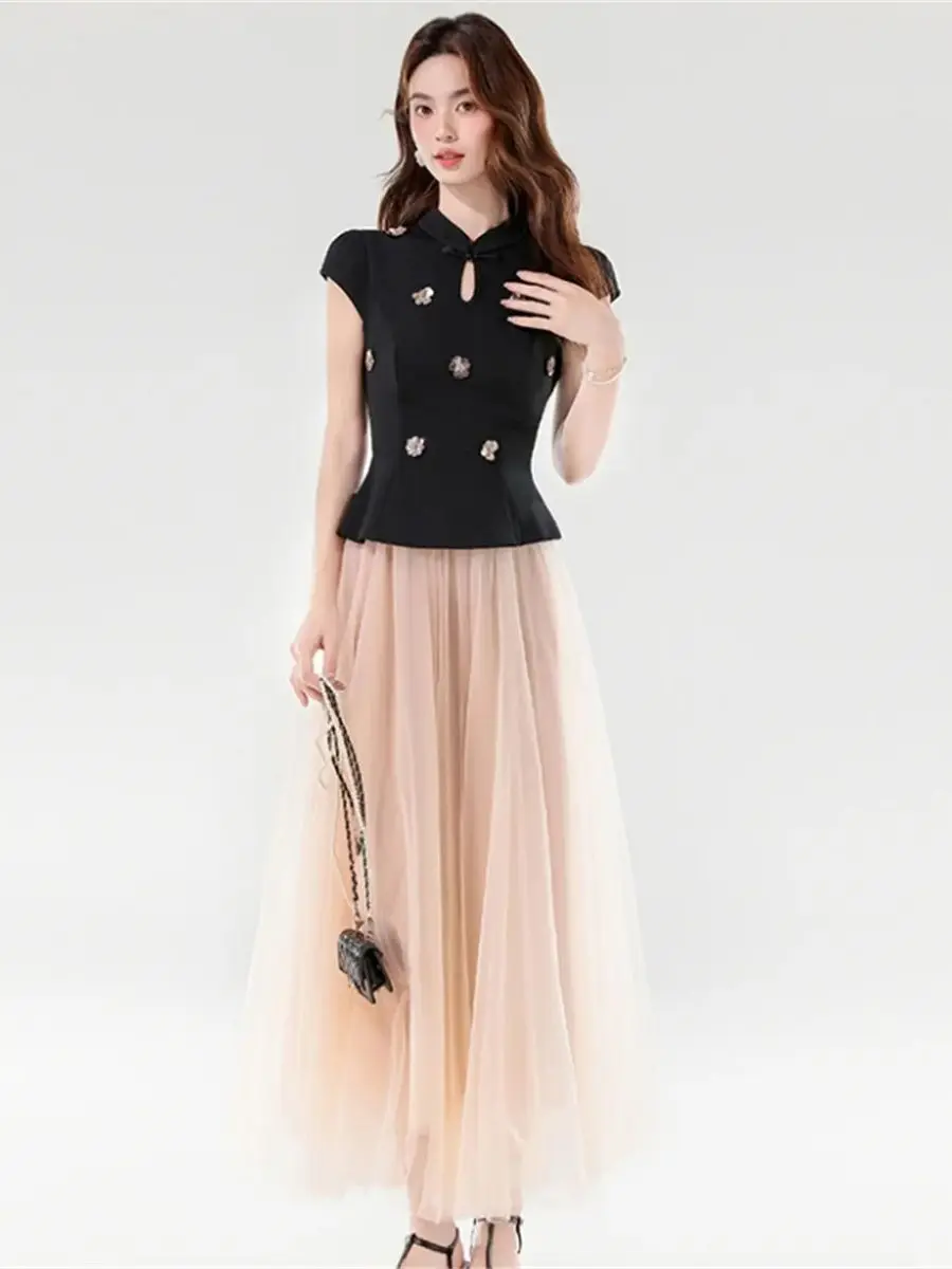 

Chinese Style Stand collar Sleeveless Slim Blouse Tops Two Piece Sets Women's Outfits Luxury 3D Sequins Flower Mesh Skirt Suits