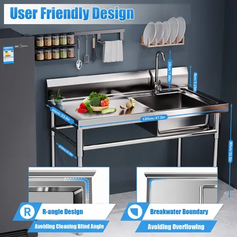 Heavy Duty Catering Stainless Steel Utility Sink 120×60×80cm Height Adjustable Anti-slip Legs Wide Drain Hole Equipped Water Tap & Debris Filter Durable Rustproof Washing Basin For Commercial Restaurant Bar Cafe Kitchen Washing Work